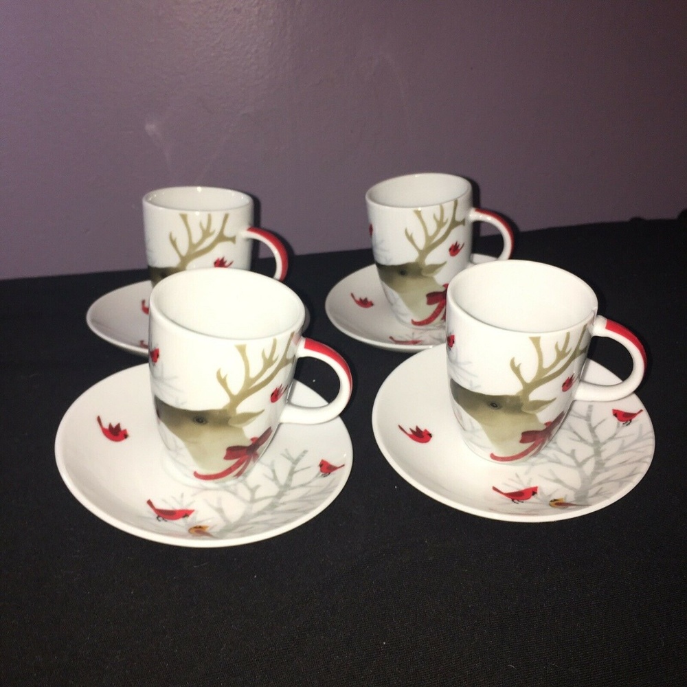 Christmas Reindeer Cardinal Demitasse Cups Saucers